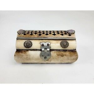 Vintage Trinket Jewelry Box Camel Bone With Brass & Stone Accents Handmade 4"